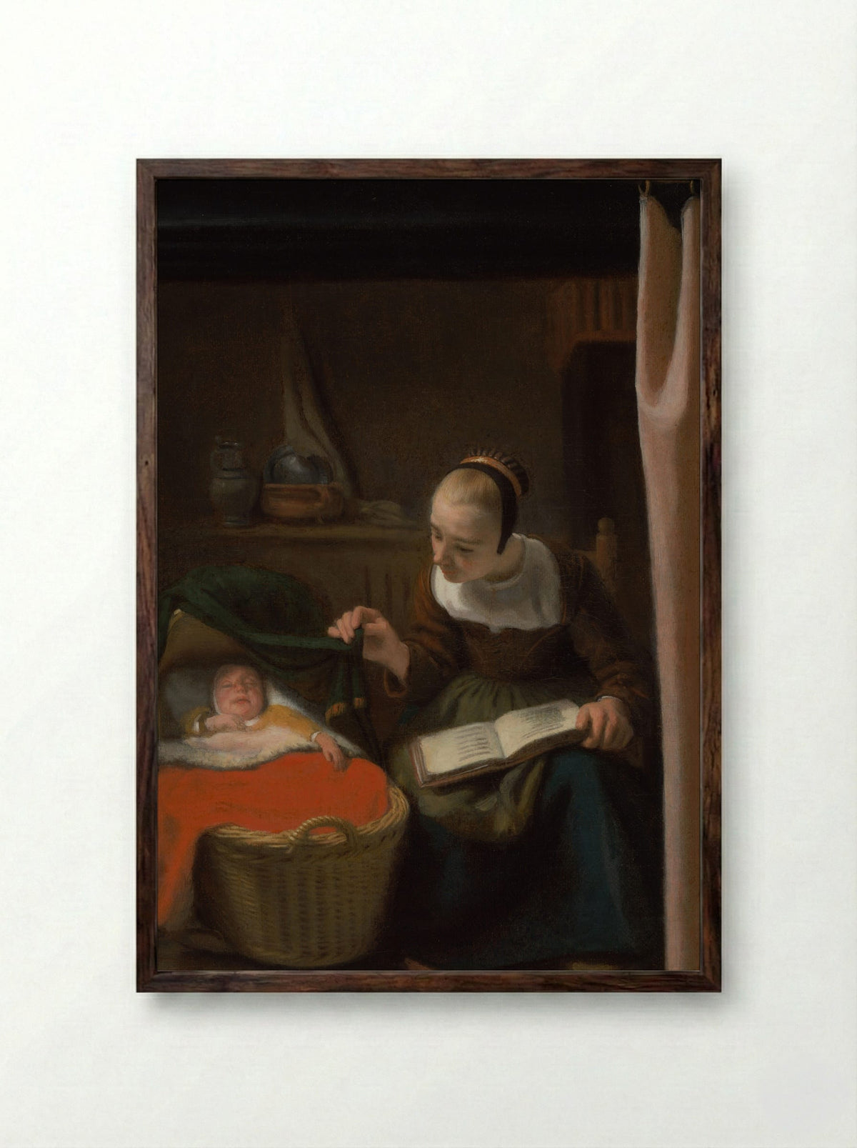 Woman at a Cradle - Nicolaes Maes - Framed Print Dark Wood