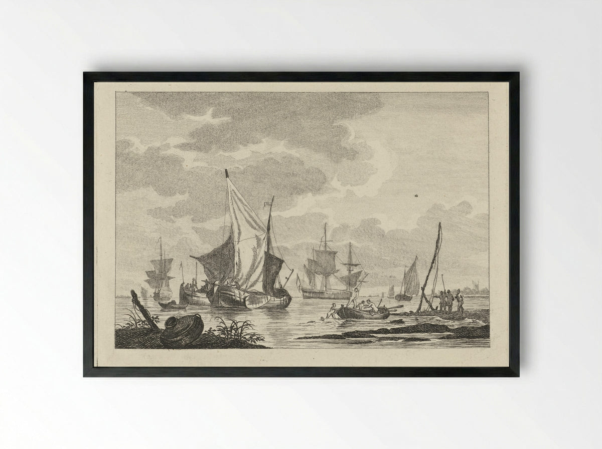 Seascape with Figures and Rowing Boat - Gerrit Groenewegen - Framed Print Black