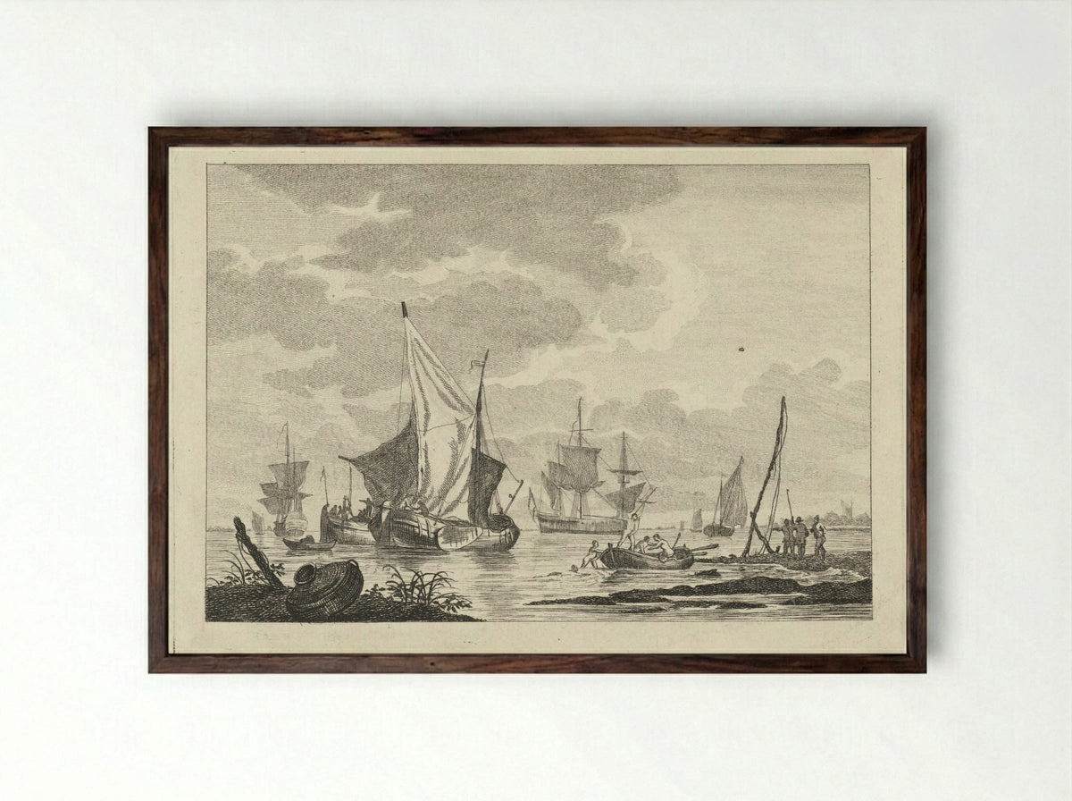 Seascape with Figures and Rowing Boat - Gerrit Groenewegen - Framed Print Dark Wood