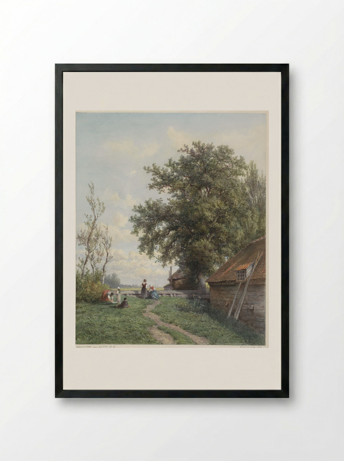 Boerenerf met enige figuren, rechts een schuur en grote boom - Hendrik Dirk Kruseman van Elten - Framed Print Black