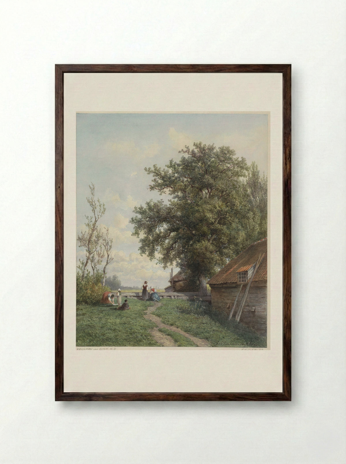 Boerenerf met enige figuren, rechts een schuur en grote boom - Hendrik Dirk Kruseman van Elten - Framed Print Dark Wood