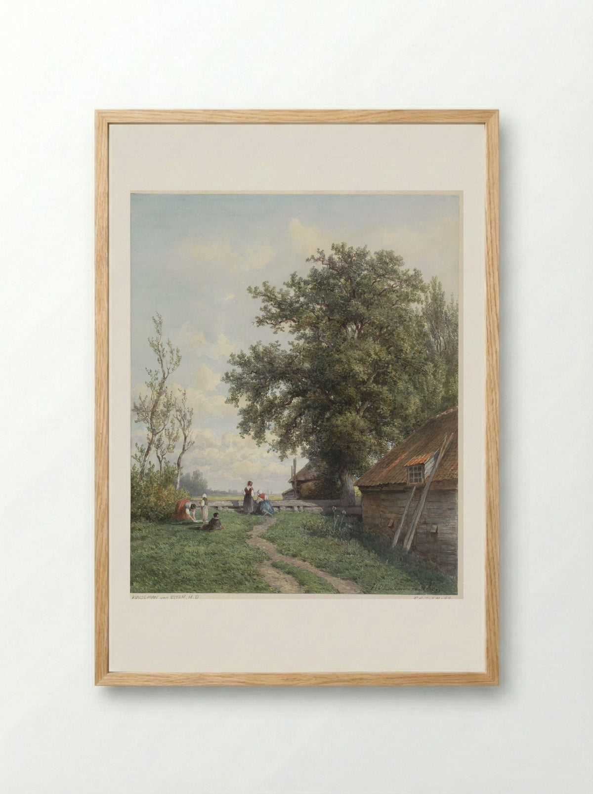 Boerenerf met enige figuren, rechts een schuur en grote boom - Hendrik Dirk Kruseman van Elten - Framed Print Wood