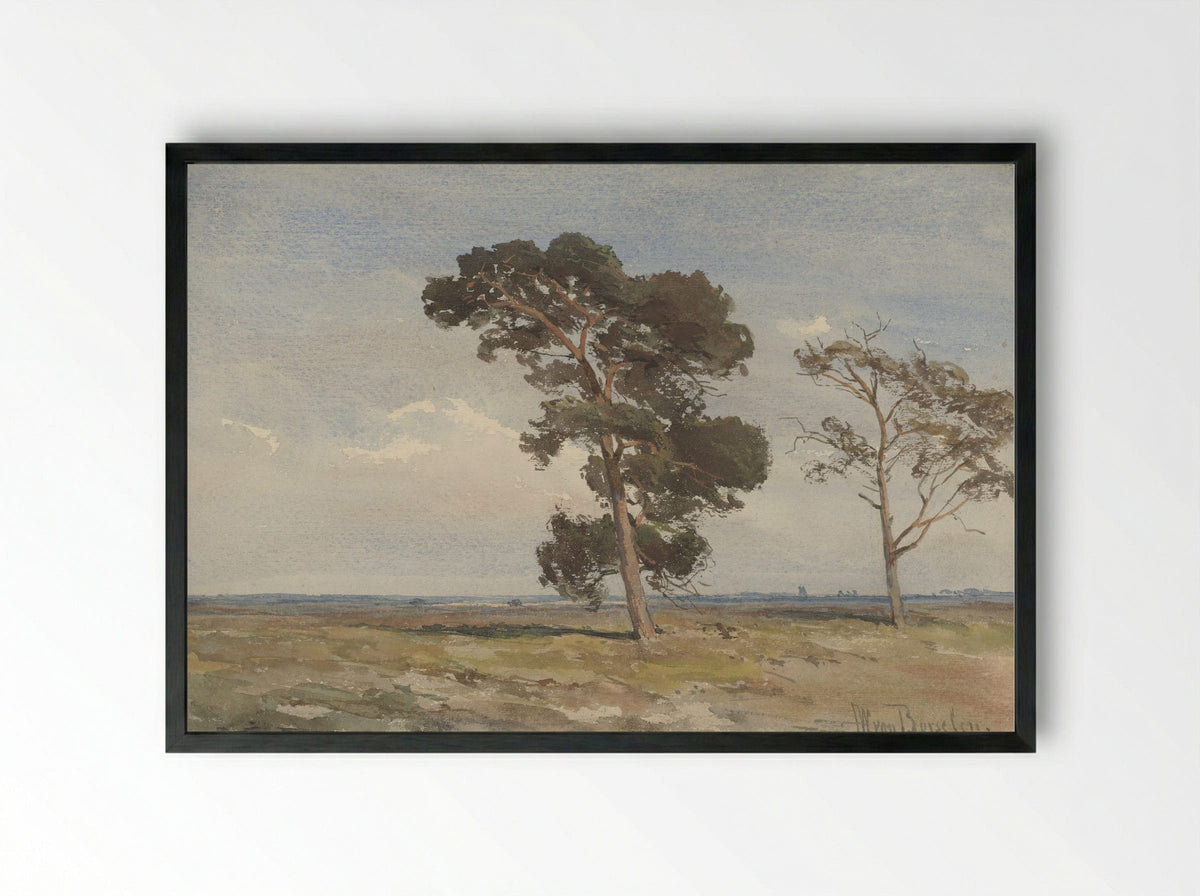 Gezicht op de heide met twee bomen - Jan Willem van Borselen - Framed Print Black