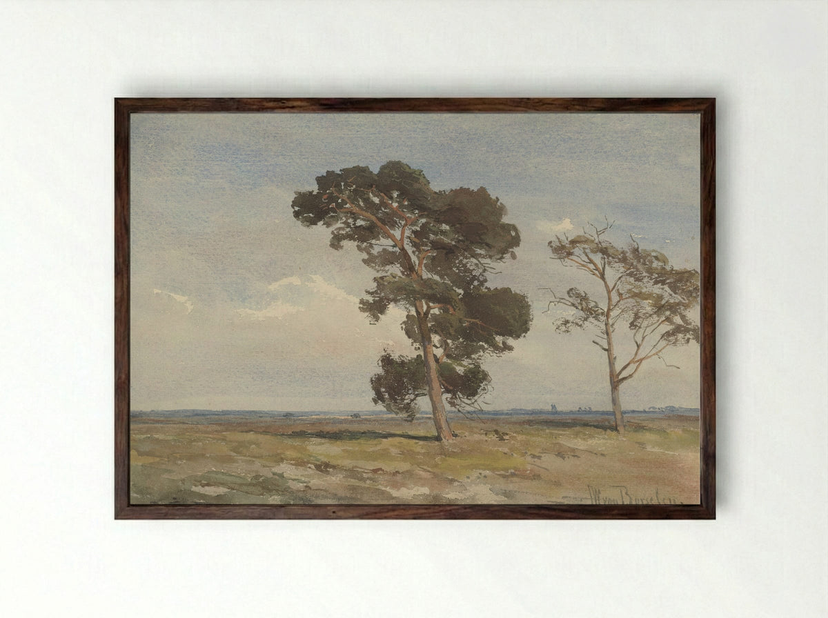 Gezicht op de heide met twee bomen - Jan Willem van Borselen - Framed Print Dark Wood