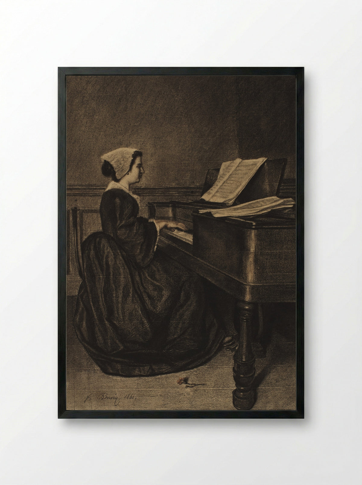 Woman at the Spinet - François Bonvin - Framed Print Black