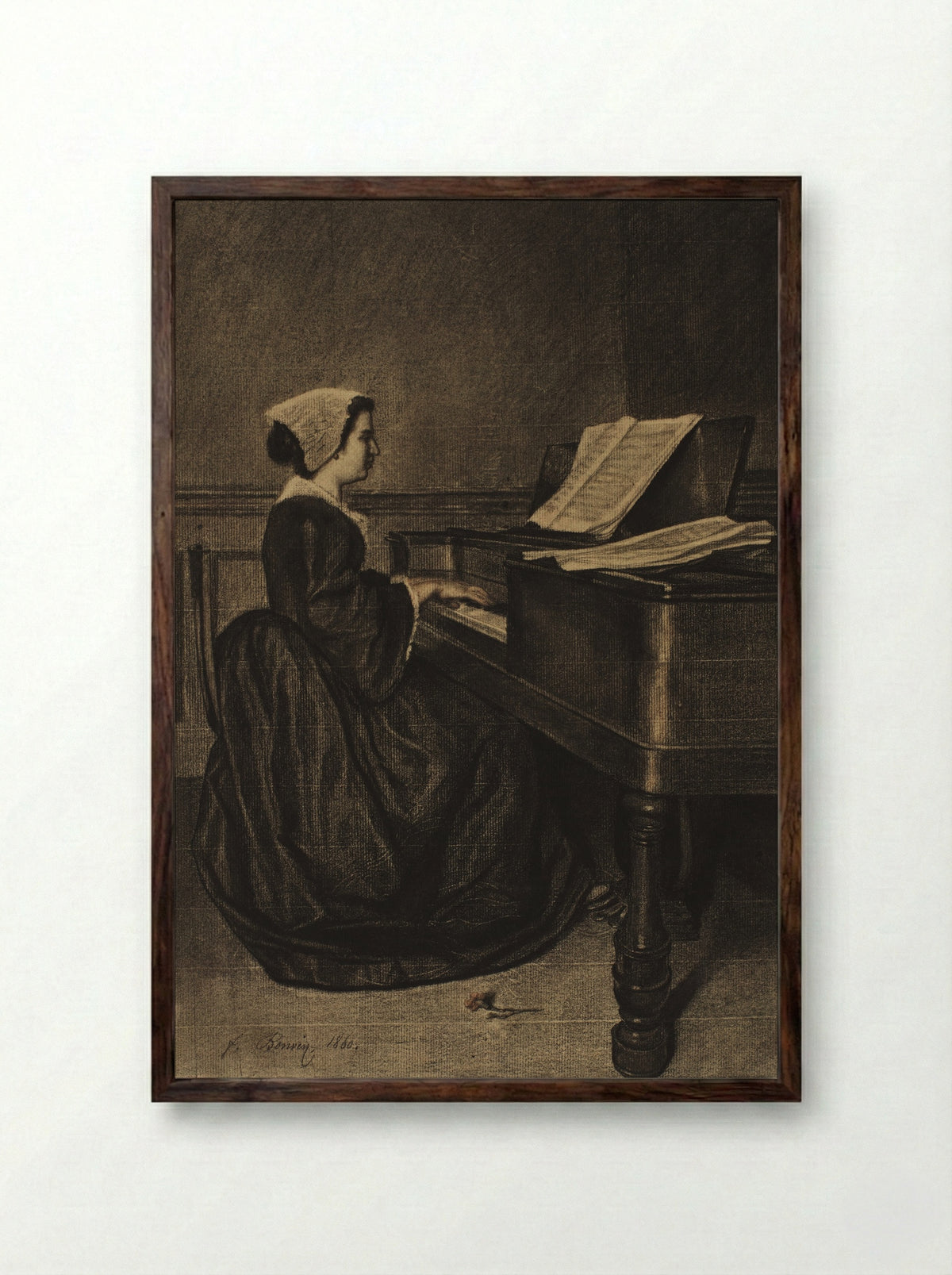 Woman at the Spinet - François Bonvin - Framed Print Dark Wood