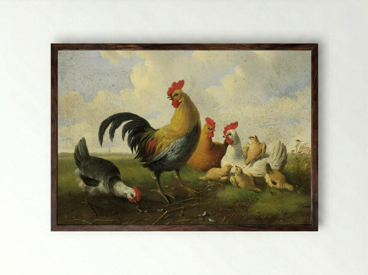 A Rooster with Hens and Chicks - Albertus Verhoesen - Framed Print Dark Wood