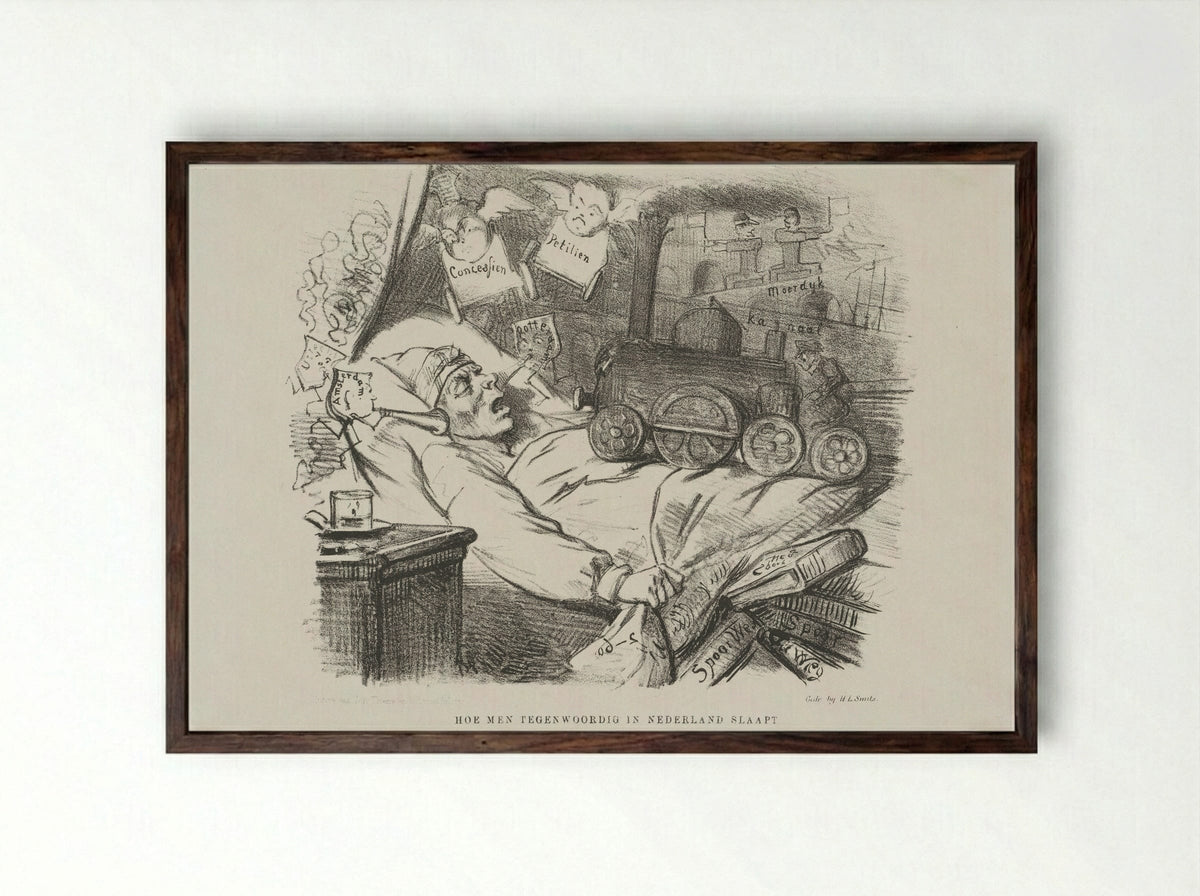 Spotprent op uitbreiding van het spoorwegnet in Nederland - Johan Michaël Schmidt Crans - Framed Print Dark Wood