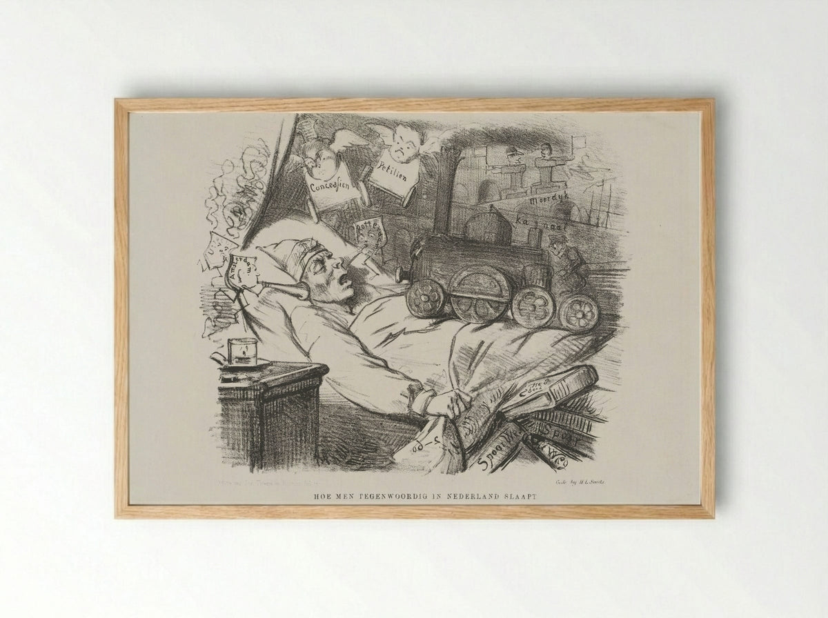 Spotprent op uitbreiding van het spoorwegnet in Nederland - Johan Michaël Schmidt Crans - Framed Print Wood