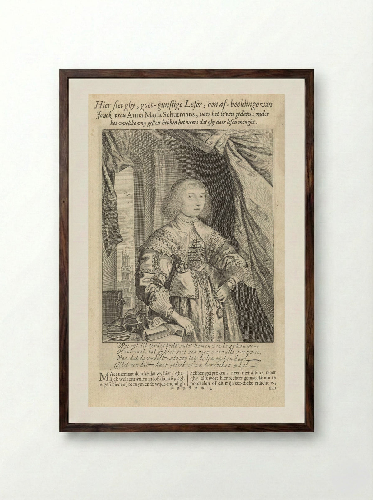 Portret van Anna Maria van Schurman - Theodor Matham - Framed Print Dark Wood
