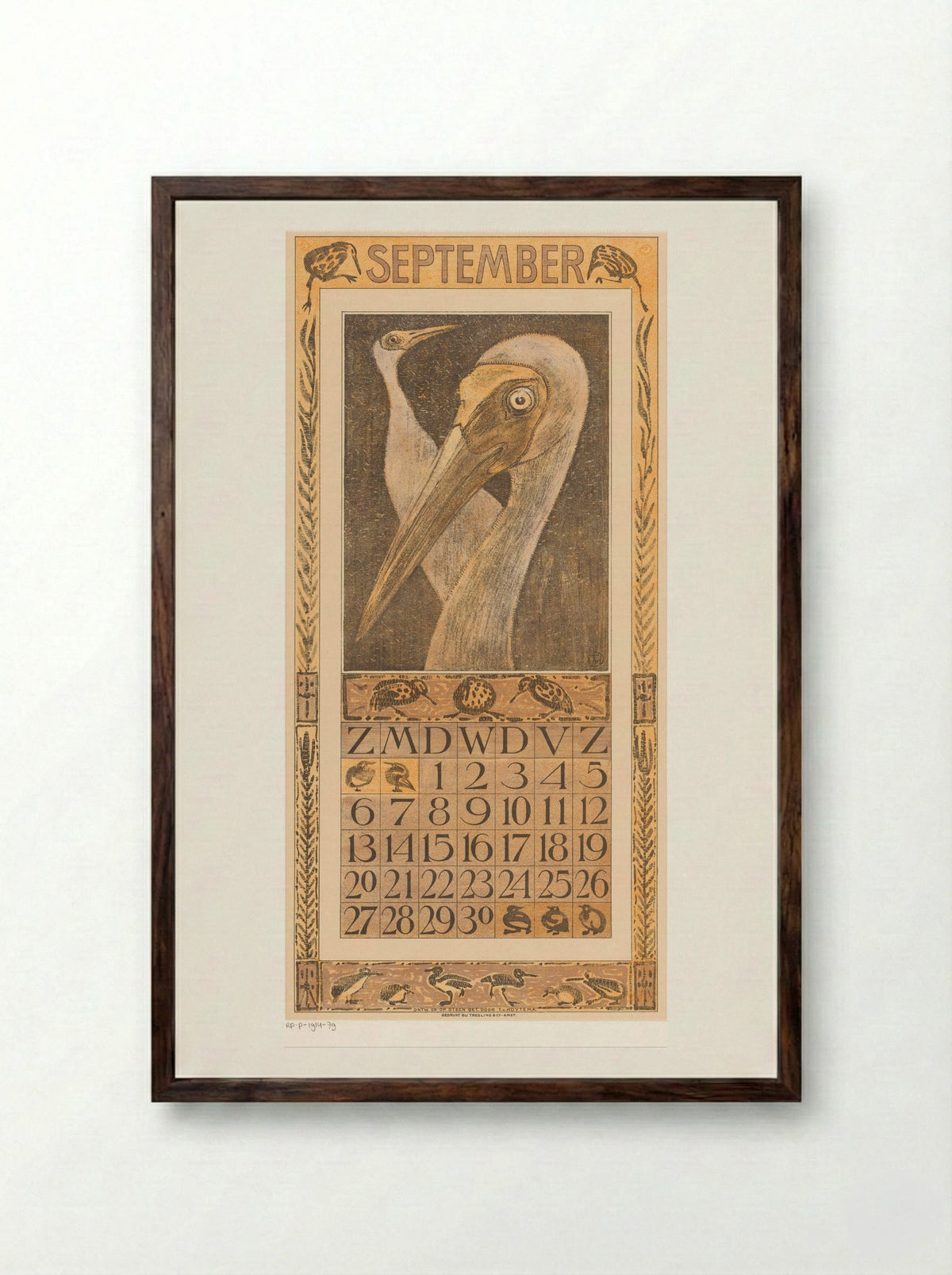 Kalenderblad september met twee vogels - Theo van Hoytema - Framed Print Dark Wood
