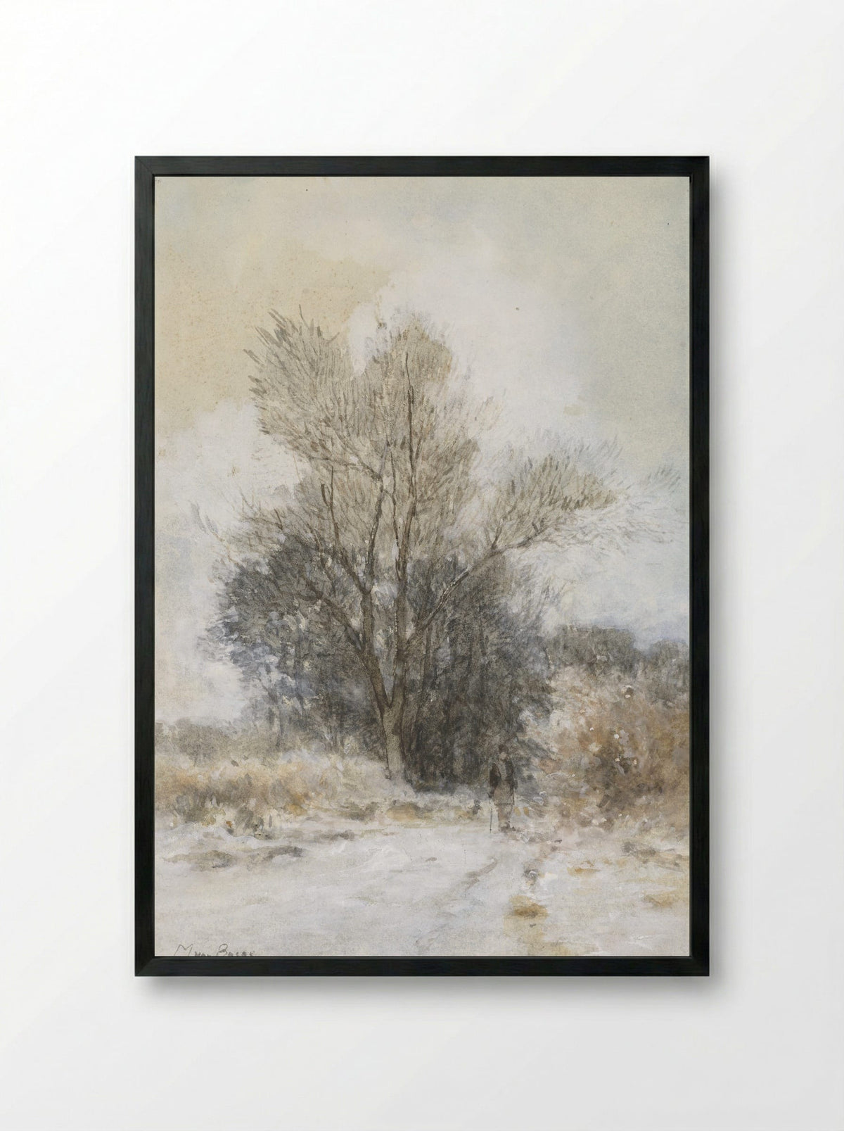 Wandelaar in de sneeuw bij de rand van een bos - Maria Bilders-van Bosse - Framed Print Black