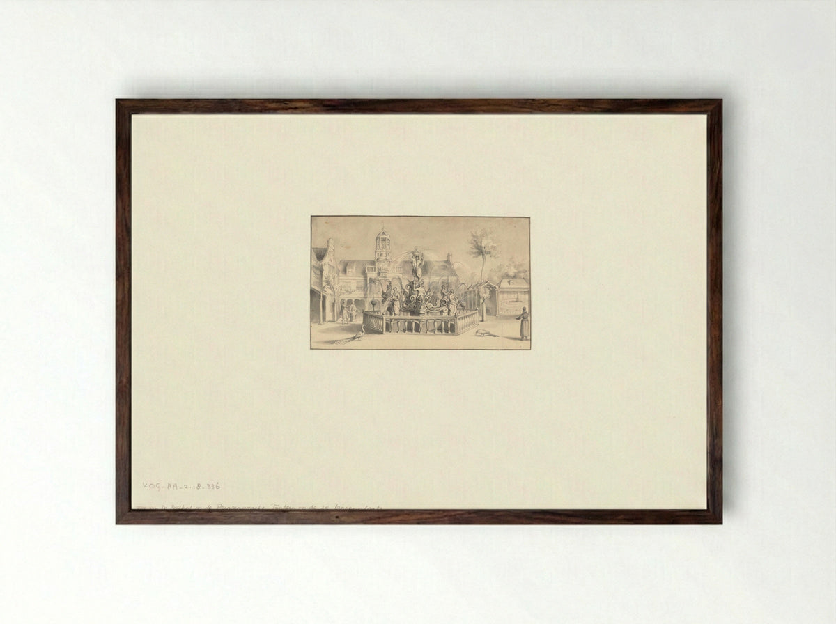 Gezicht op de fontein op de tweede binnenplaats van het Oude Doolhof aan de Prinsengracht - Hilmar Johannes Backer - Framed Print Dark Wood