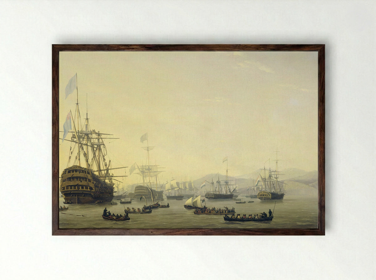 Council of War Aboard HMS Queen Charlotte Before the Bombardment of Algiers - Nicolaas Baur - Framed Print Dark Wood