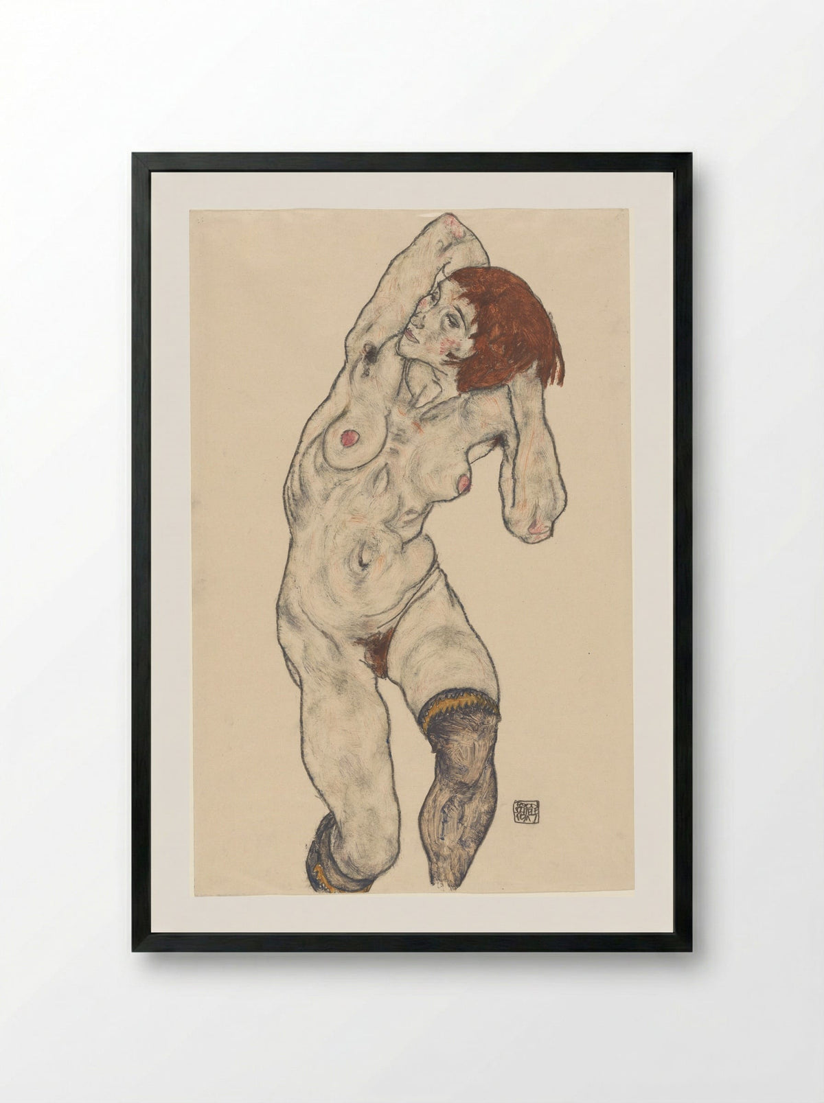 Nude in Black Stockings - Egon Schiele - Framed Print Black