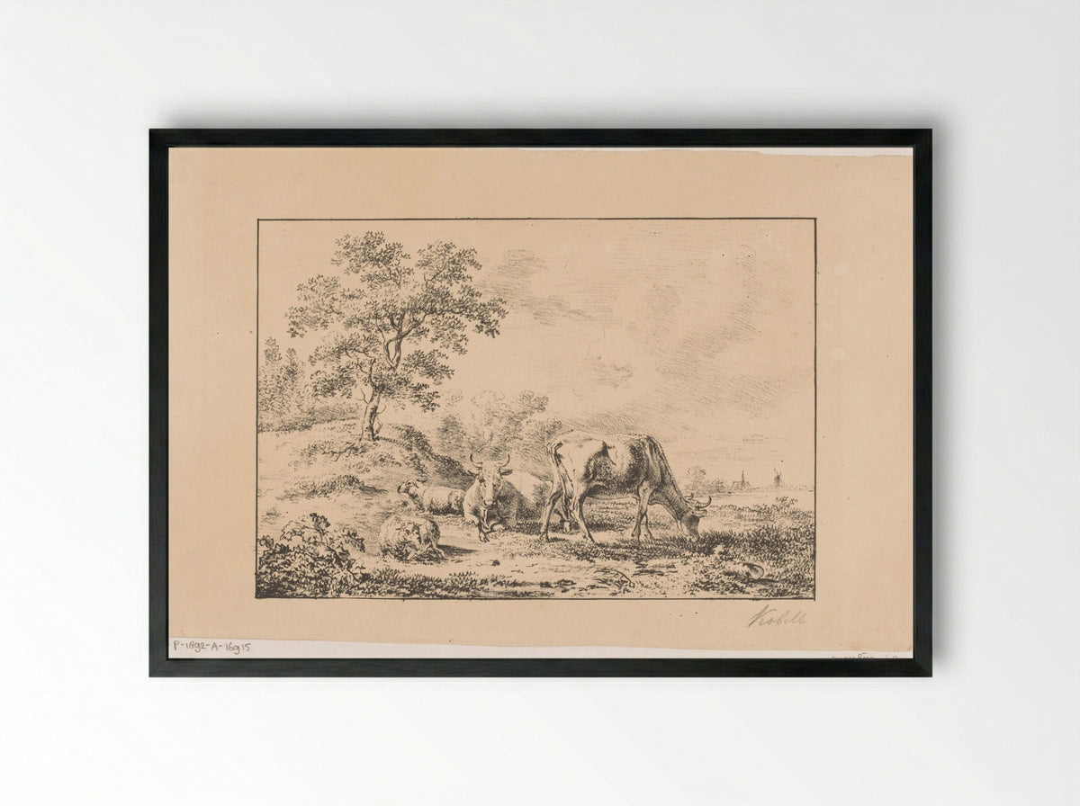 Hilly Landscape with Cattle and Sheep - Jan Kobell (I) - Framed Print Black