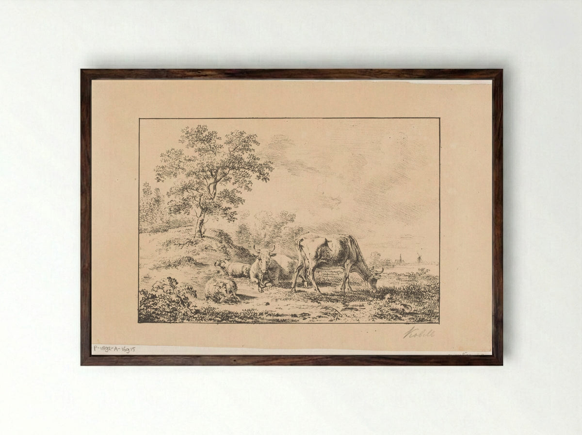 Hilly Landscape with Cattle and Sheep - Jan Kobell (I) - Framed Print Dark Wood