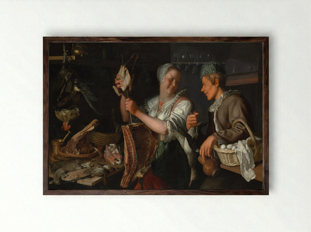 Kitchen Scene - Peter Wtewael - Framed Print Dark Wood