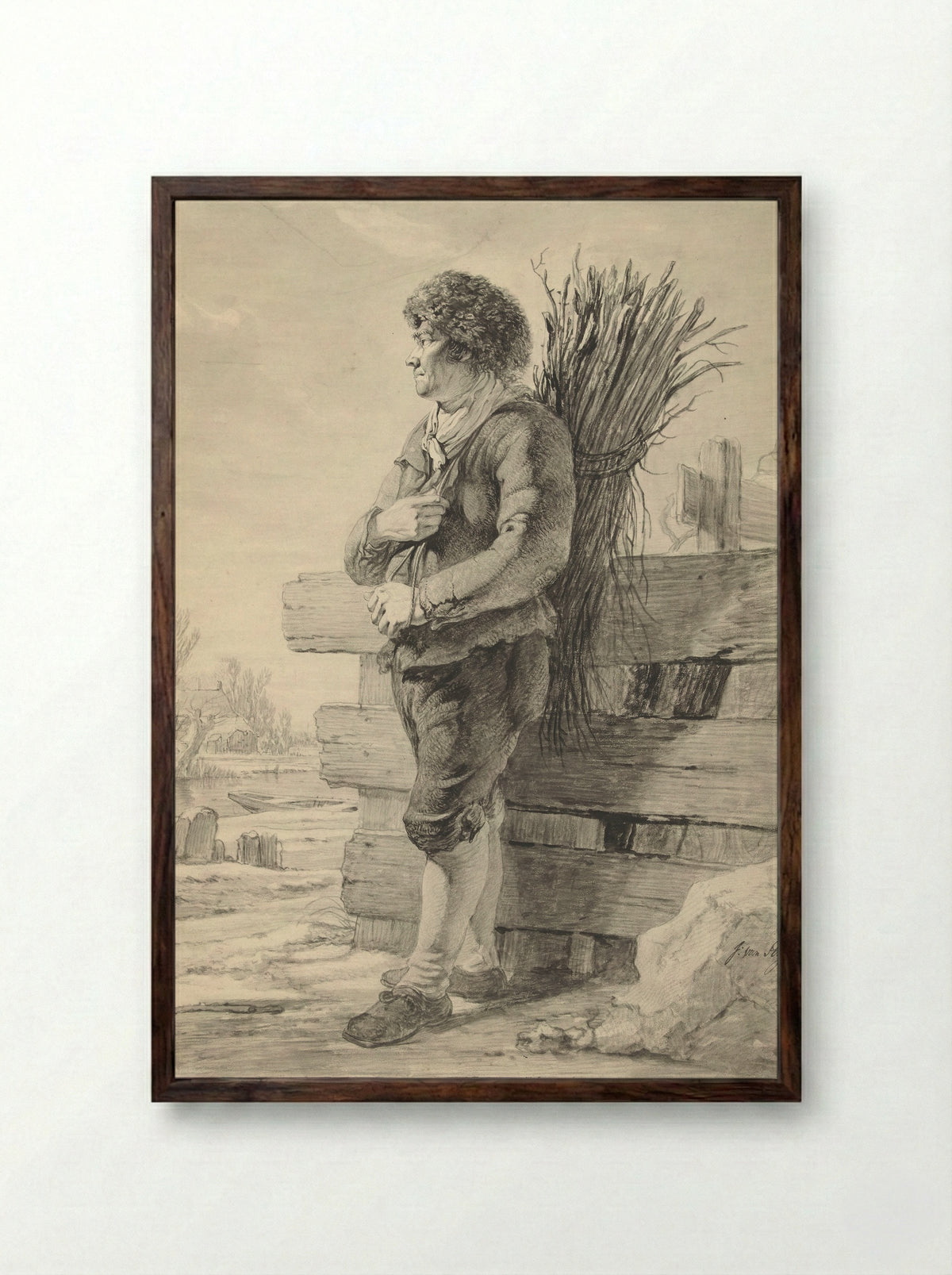 Standing Man with a Bundle of Sticks on His Back - Jacob van Strij - Framed Print Dark Wood