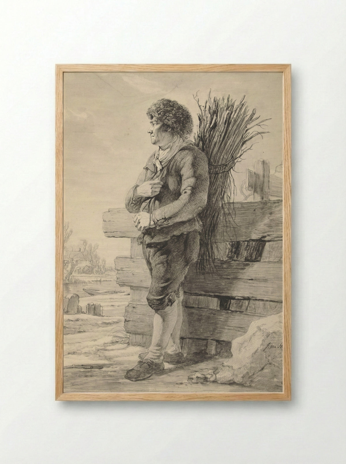 Standing Man with a Bundle of Sticks on His Back - Jacob van Strij - Framed Print Wood