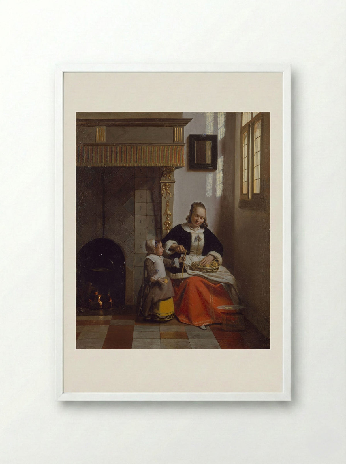 A Woman Peeling Apples - Pieter de Hooch - Framed Print White