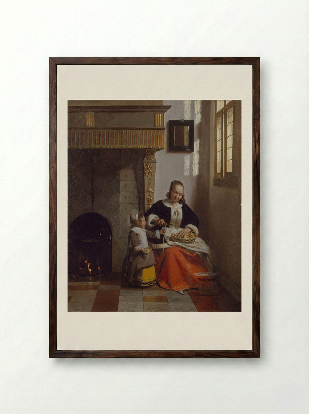 A Woman Peeling Apples - Pieter de Hooch - Framed Print Dark Wood