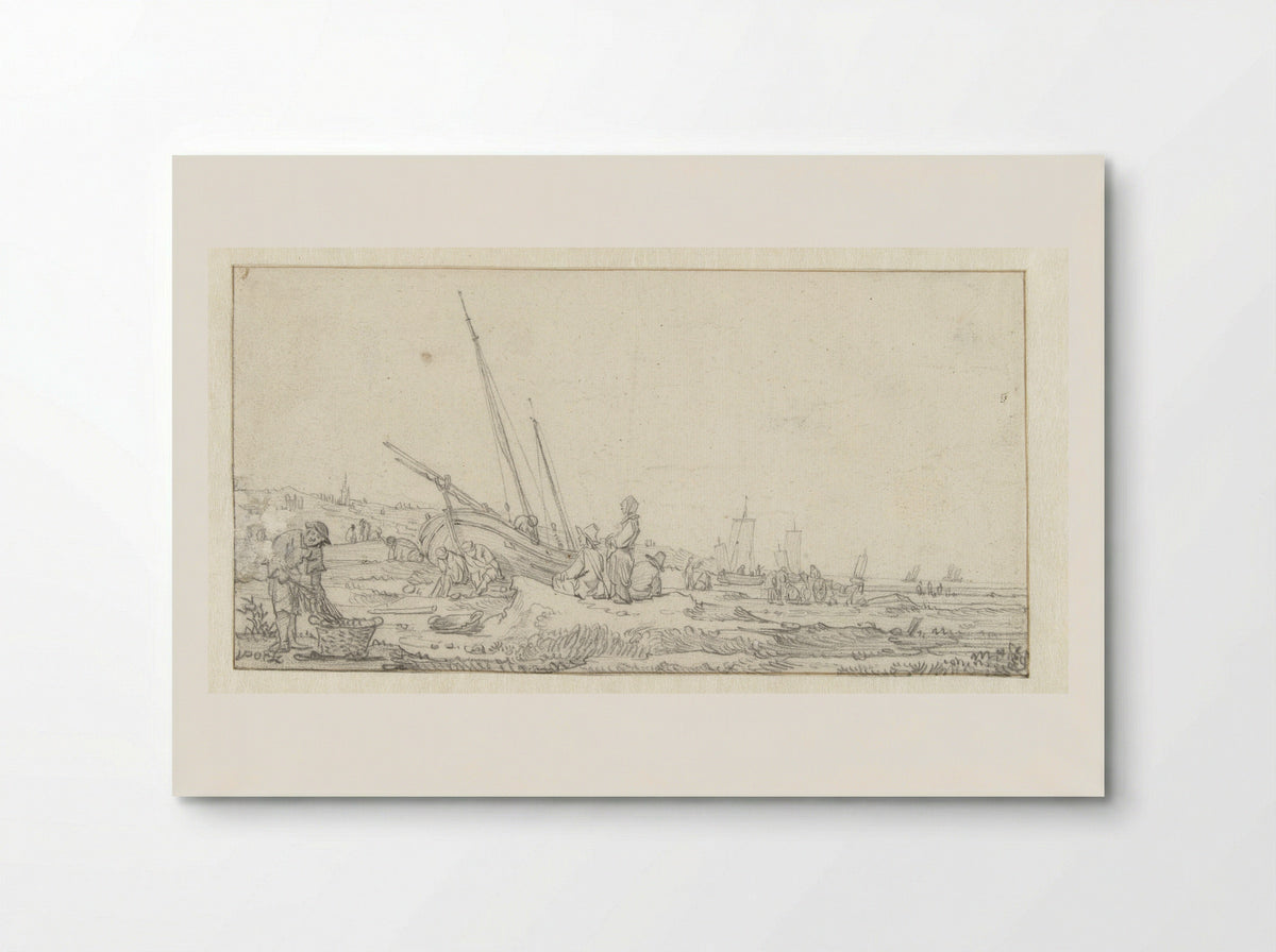 Strandgezicht met vissersschepen en groepen mensen - Egbert Lievensz. van der Poel - Poster