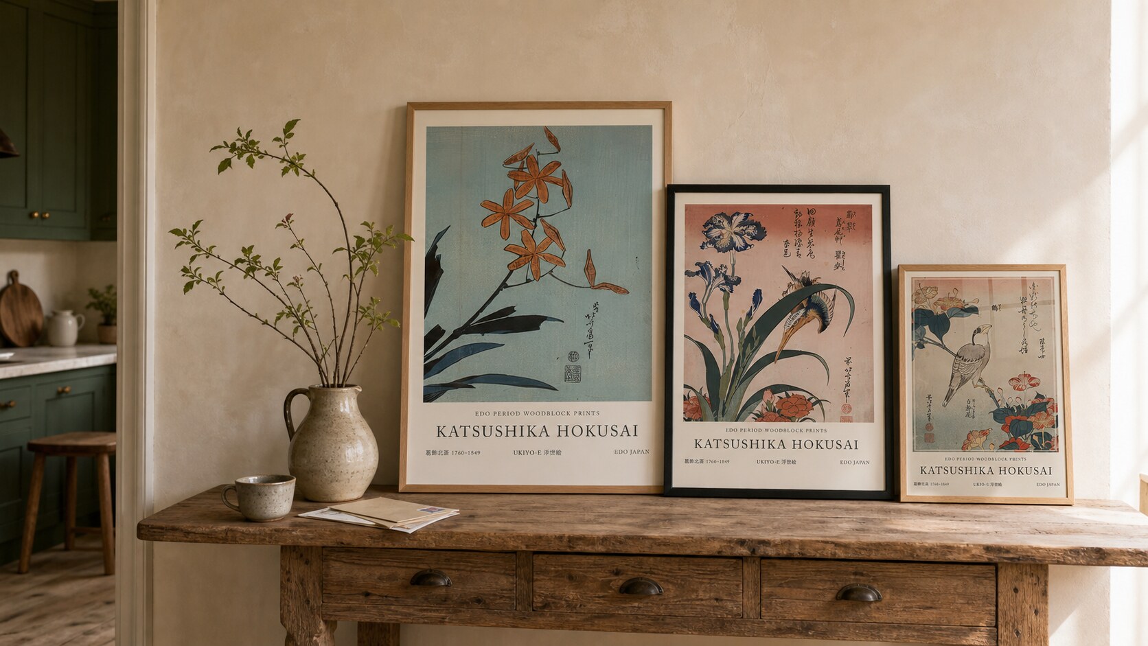 Japanese botanical and bird prints on an oak console