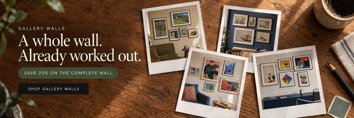 Four curated gallery walls arranged as overlapping photographs on a kitchen table