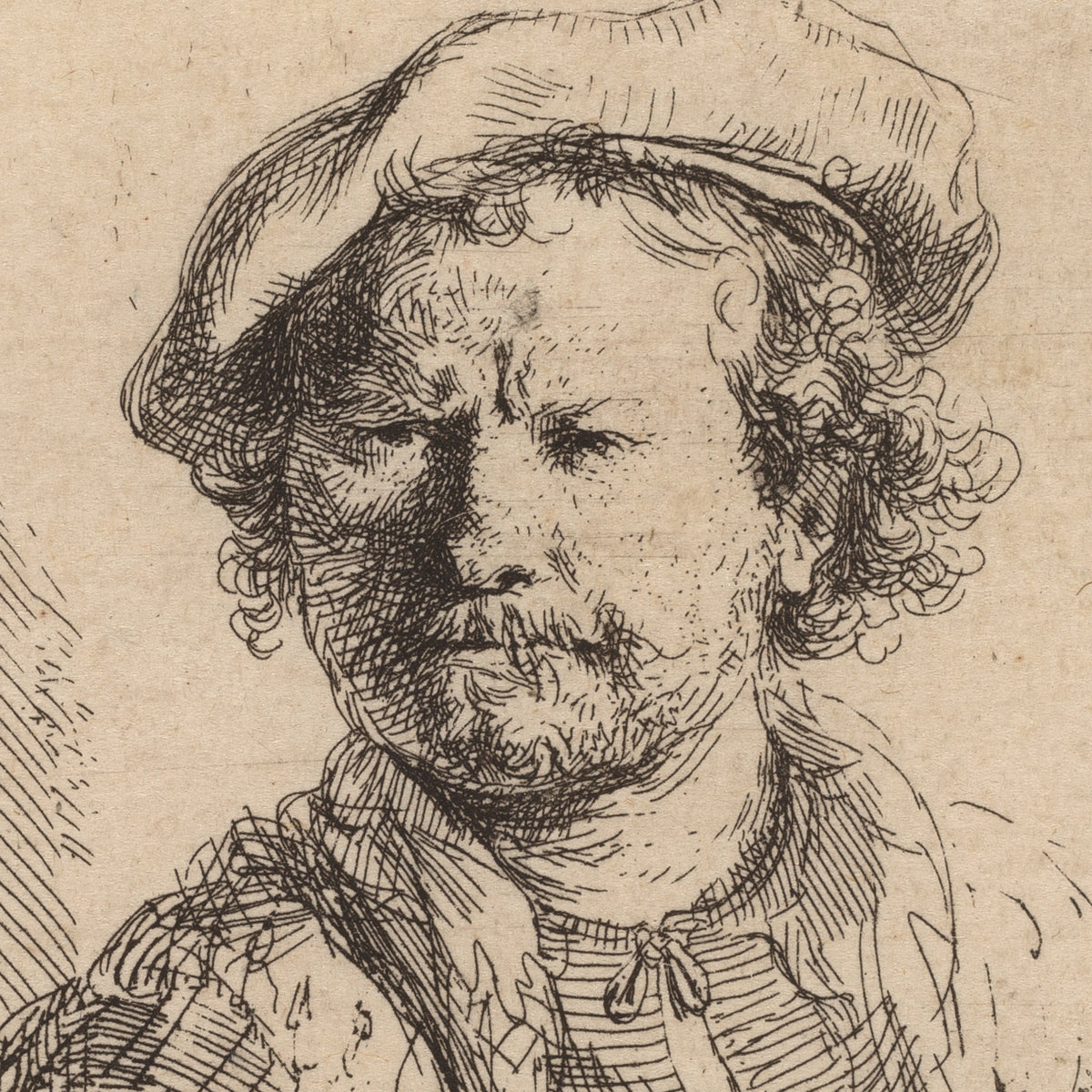 Self-portrait in a Flat Cap and Embroidered Dress - Rembrandt Harmensz. van Rijn - Artwork detail