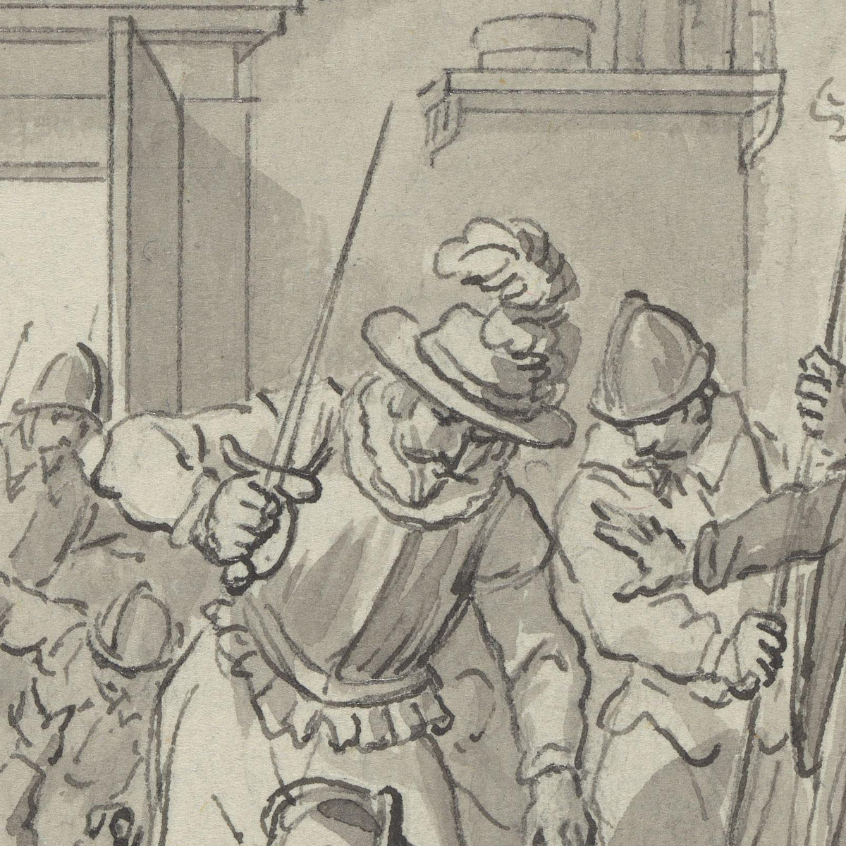 Mishandeling van de zoon van de geleerde Hortensius door de Spanjaarden te Naarden, 1 december 1572 - Jacobus Buys - Artwork detail