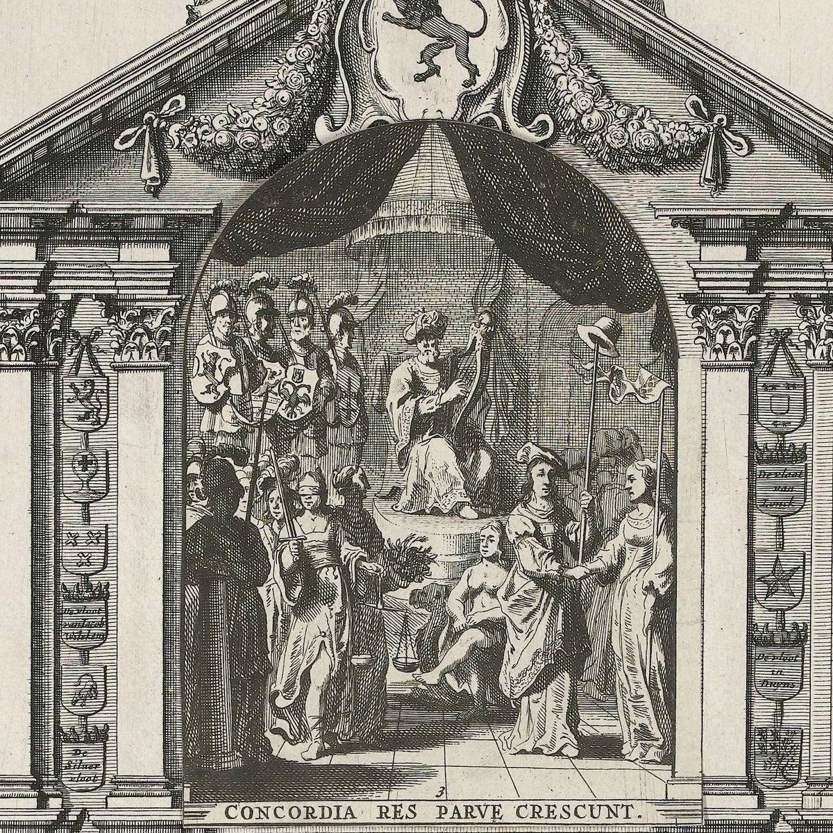 Zinnebeeldige vertoningen die op de Dam zijn opgevoerd ter ere van de Vrede van Munster in 1648 - Pieter Nolpe - Artwork detail