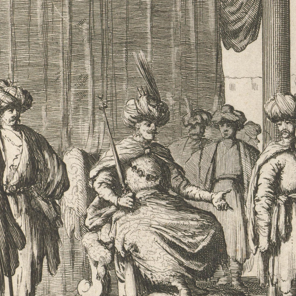 Man op troon onderhandelt met de aanvoerders van de oproerige Janitzaren te Constantinopel - Jan Luyken - Artwork detail