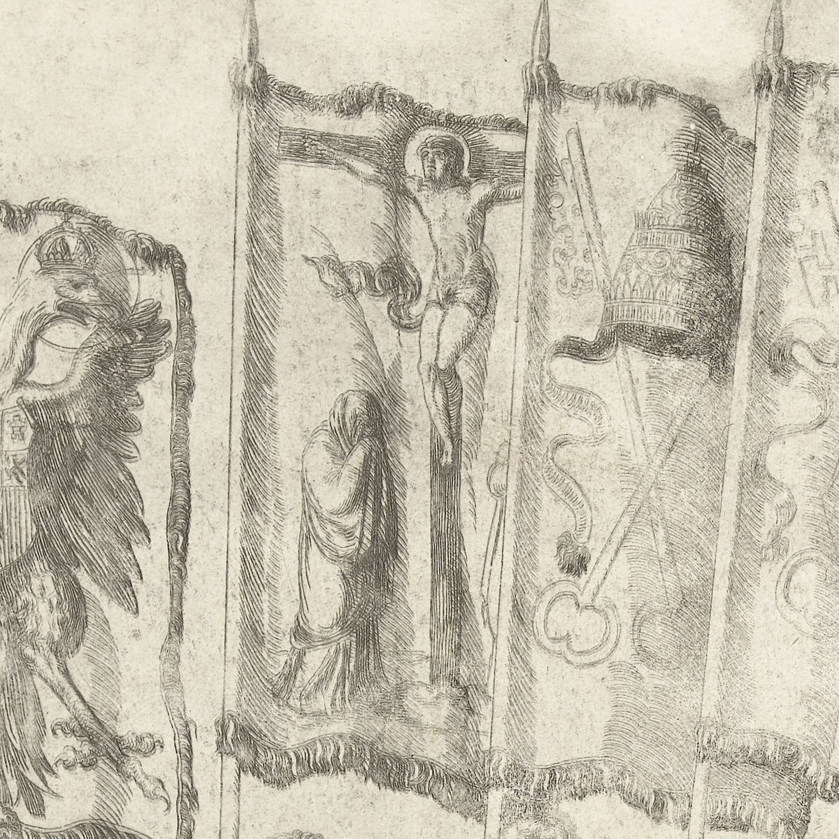 Vaandeldragers met wapens van Habsburg en de paus van Rome, plaat I - Nicolaas Hogenberg - Artwork detail