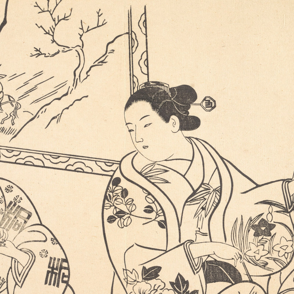 An Oiran Seated in a Parlor Applies the Fire Treatment to the Bared Back of Another Woman - Okumura Masanobu - Artwork detail