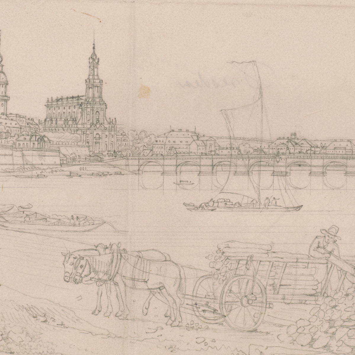 View of the Riverbank, the Frauenkirche, the Hofkirche, and the Augustus Bridge, Dresden - Adrian Ludwig Richter - Artwork detail