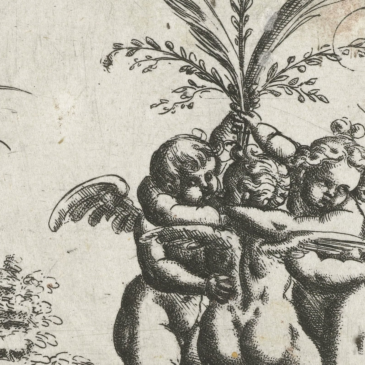 Drie elkaar omarmende putti op een klaverbladvormig plateau - Christoph Jamnitzer - Artwork detail