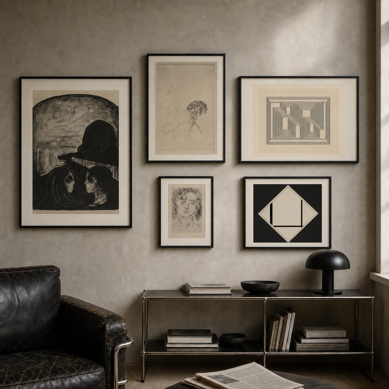 Black Line & Form curated gallery wall in a lived-in room