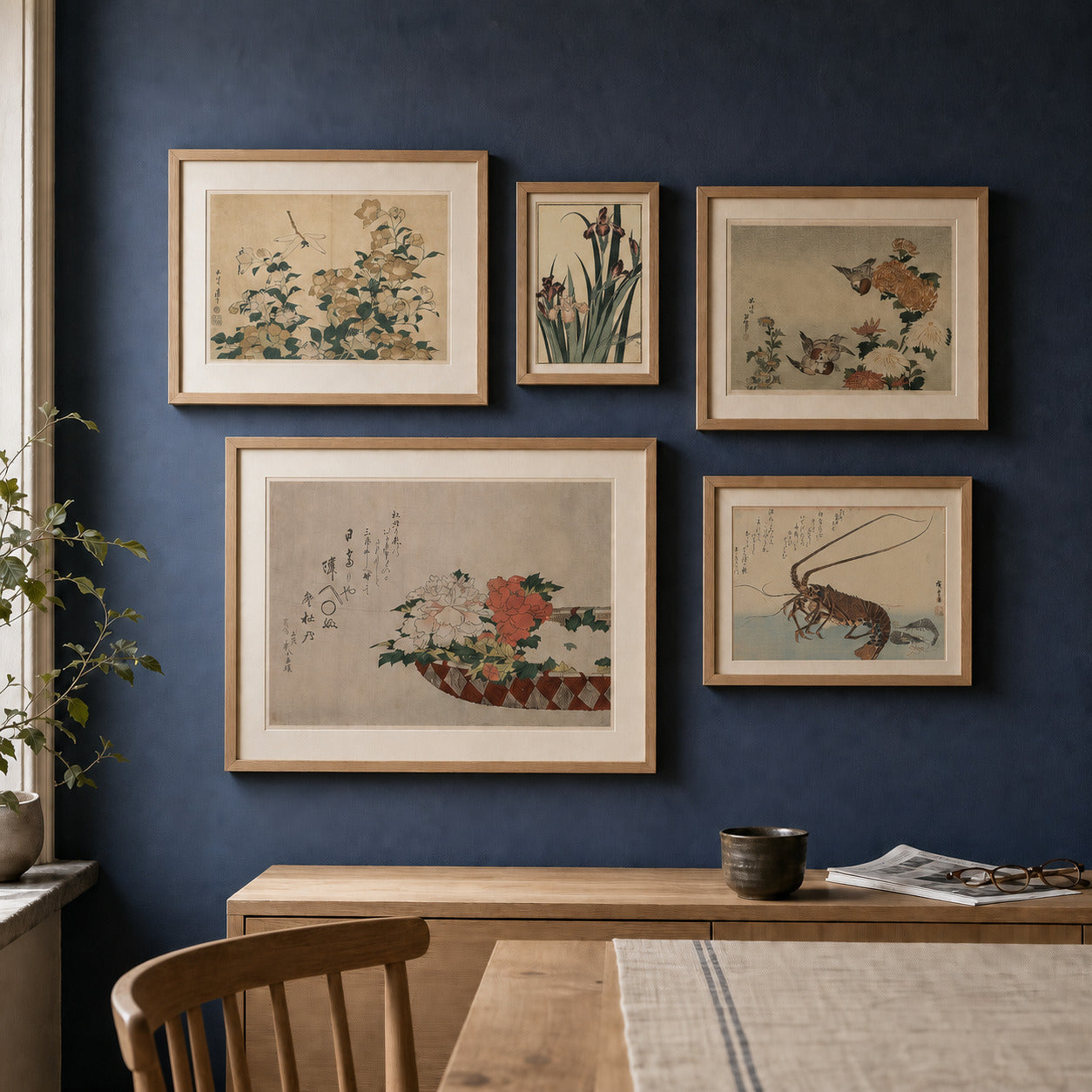 Hokusai Nature Studies curated gallery wall in a lived-in room