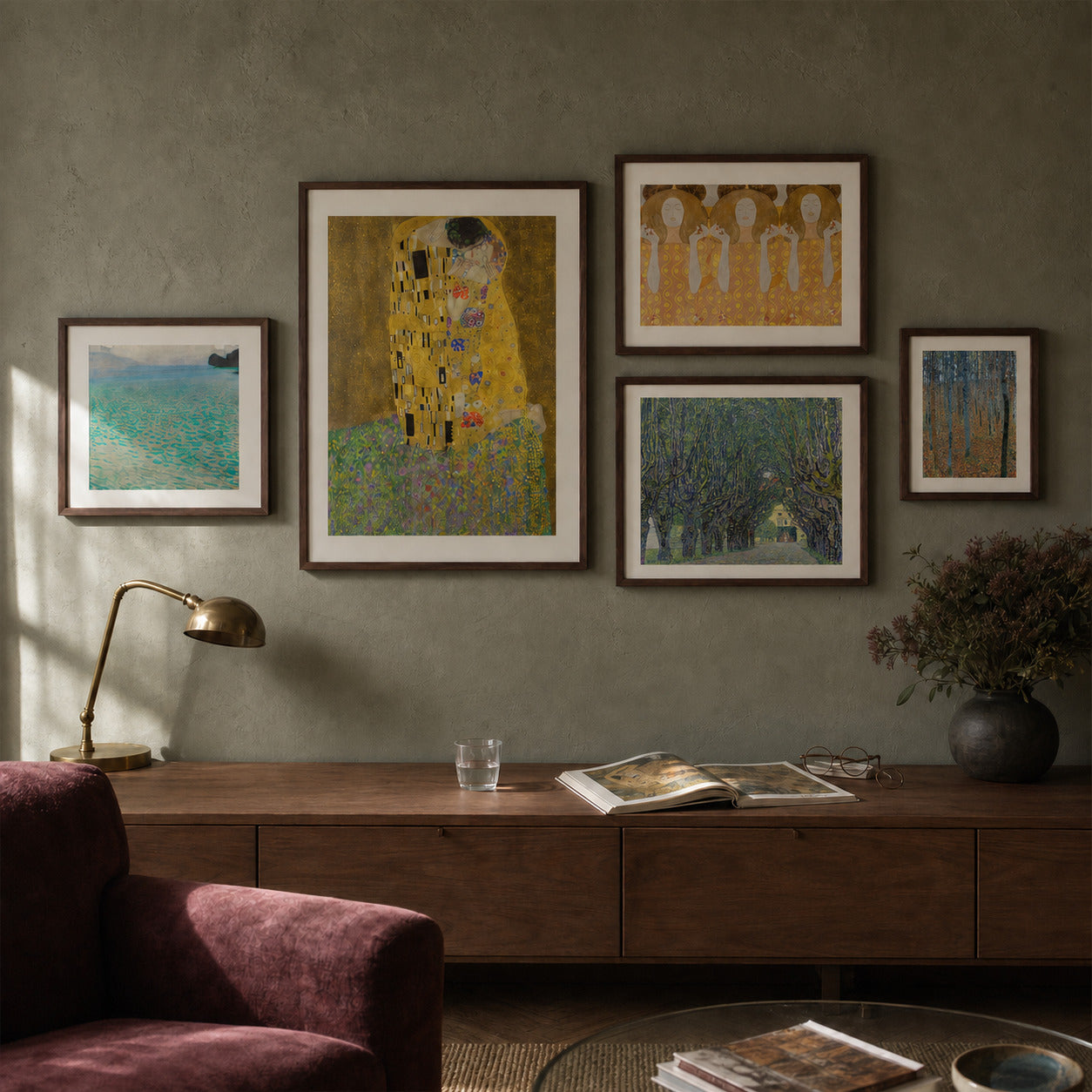 Vienna Gold curated gallery wall in a lived-in room